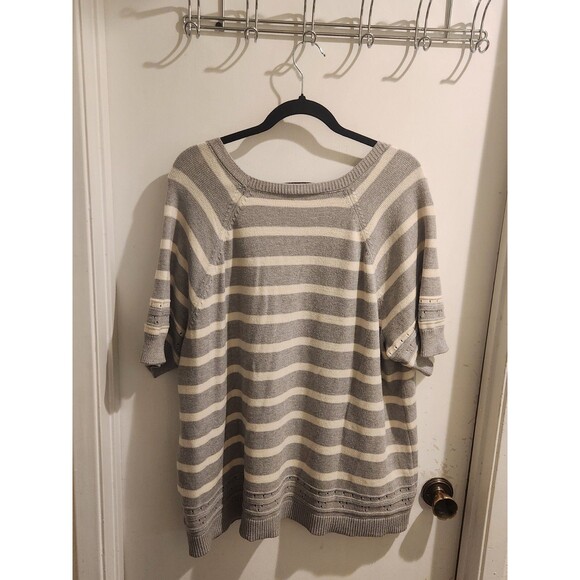 Lane Bryant Size 22/24 V-Neck Soft Gray/White Striped 3/4 Raglan Sleeve Sweater - Picture 3 of 8